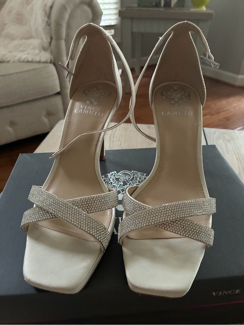 Vince Camuto Champagne Rhinestone Crisscross Ankle-Strap Heels